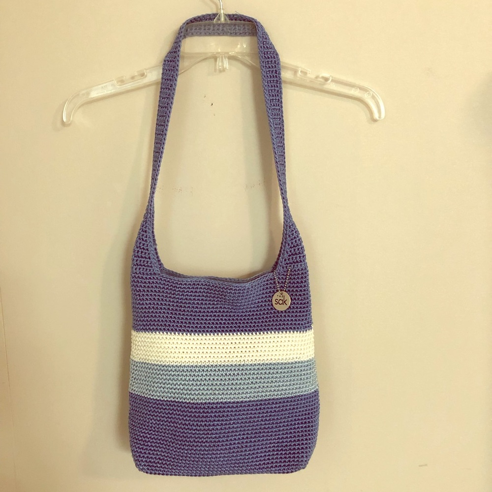 🦋Blue White Striped Knit Crocheted Handbag Purse